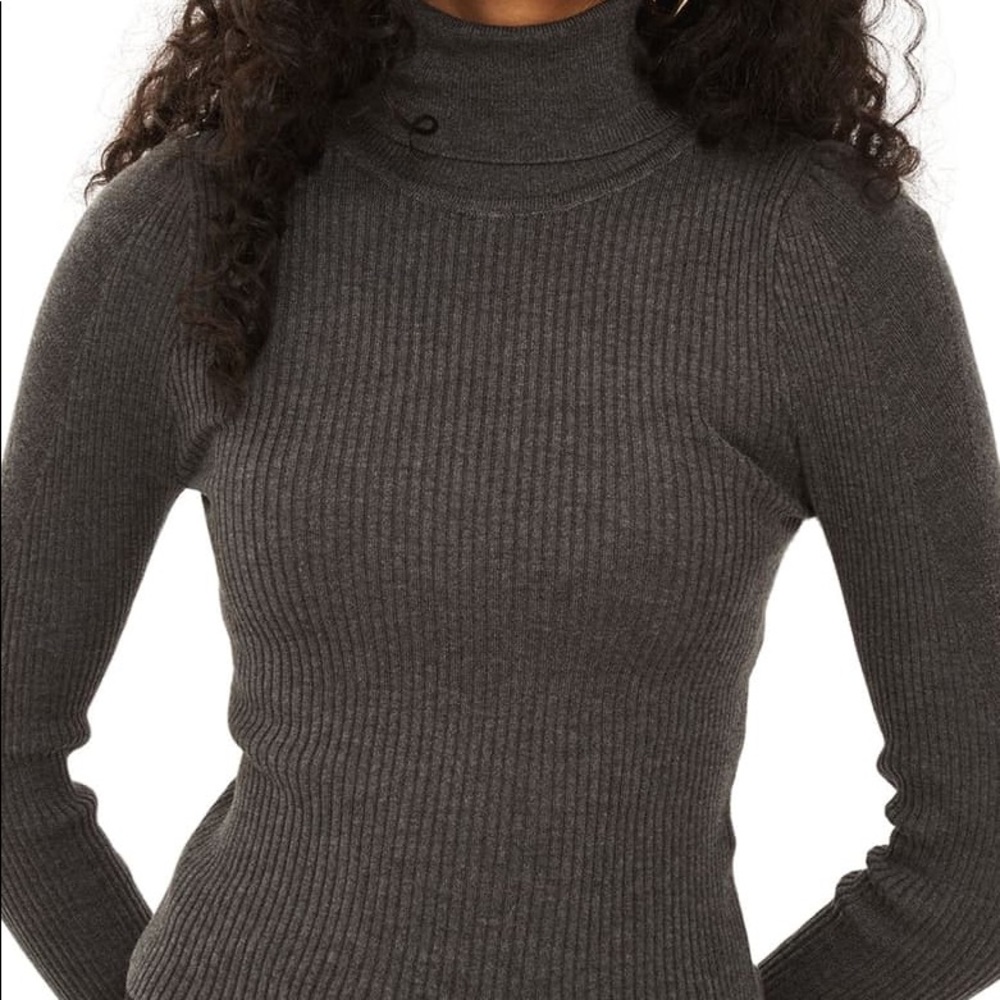 Topshop Charcoal Puff Sleeve Ribbed Turtleneck
